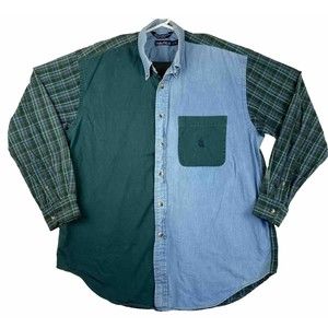 VTG Nautica Color Block Denim & Plaid LS Button-Up Shirt Men's Size L USA Made